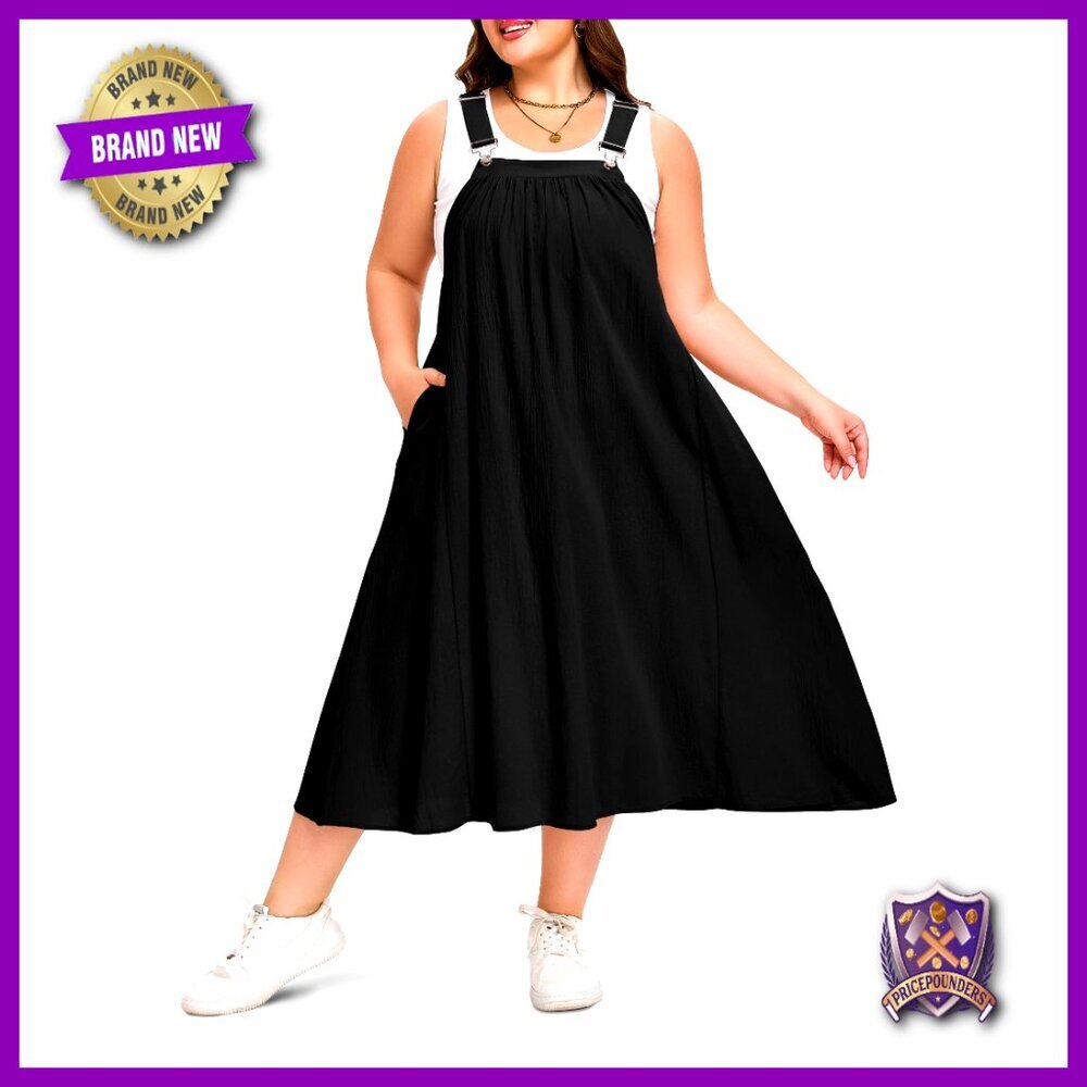 Plus Size Cotton Overall Dress Adjustable Straps Pockets A-Line Maxi